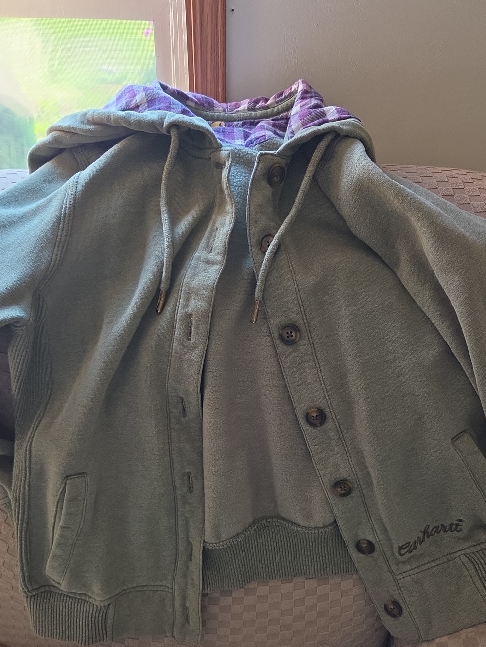 Carhartt Women's Olive Green Hooded Jacket with Purple Plaid Lining